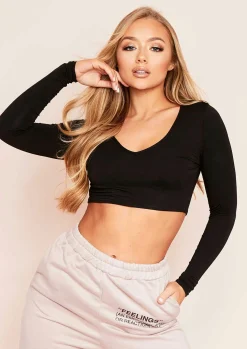 Store Tilda Black Basic Jersey V Plunge Crop Top Women Basics