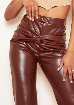 Store Tina Chocolate Pu Knot Front Straight Leg Trousers Women Trousers