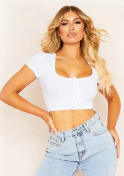 Tina White Ribbed Popper Front T-Shirt Crop Top^Missy Empire Cheap