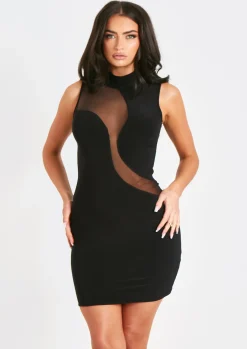 Shop Tyla Black Mesh Panel High Neck Sleeveless Mini Dress Women Dresses