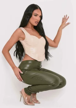 Best Sale Urmi Khaki Vegan Leather Pu Skinny Trousers Women Trousers