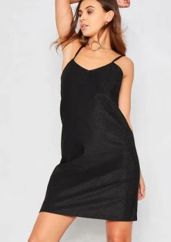 Clearance Valarie Black Glitter Mini Slip Dress Women Dresses