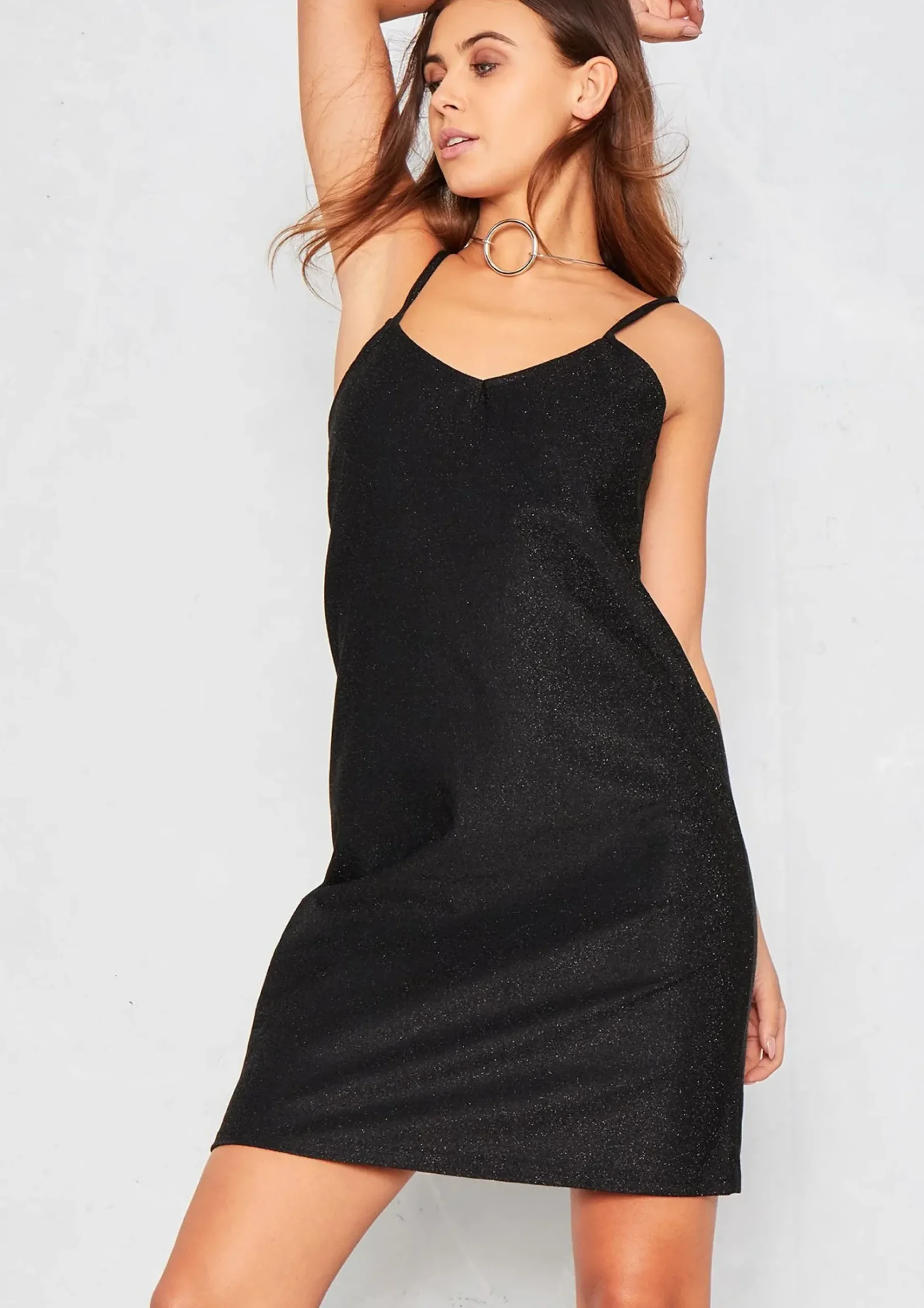 Clearance Valarie Black Glitter Mini Slip Dress Women Dresses