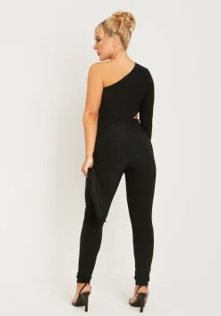 Shop Valencia Black Double Layer Slinky Cut Out One Shoulder Jumpsuit Women Jumpsuits & Playsuits