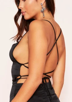 Discount Vennie Black Cowl Lace Up Back Midi Bodycon Dress Women Dresses