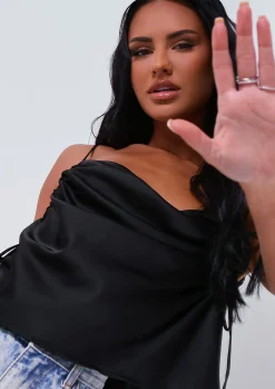 Vida Black Ruched Side Satin Cami Top^Missy Empire Fashion
