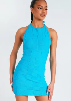 Cheap Willa Blue Checkerboard Knit Halter Neck Mini Dress Women Dresses