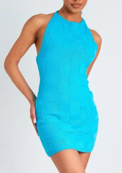 Cheap Willa Blue Checkerboard Knit Halter Neck Mini Dress Women Dresses