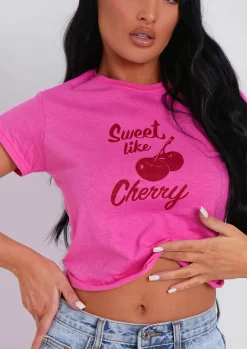 Xena Pink Sweet Like Cherry Graphic Crop Top^Missy Empire Best Sale