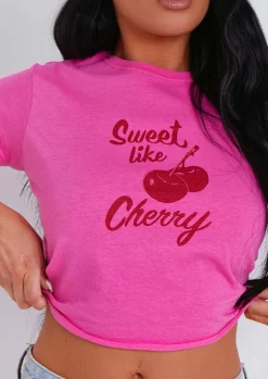 Xena Pink Sweet Like Cherry Graphic Crop Top^Missy Empire Best Sale