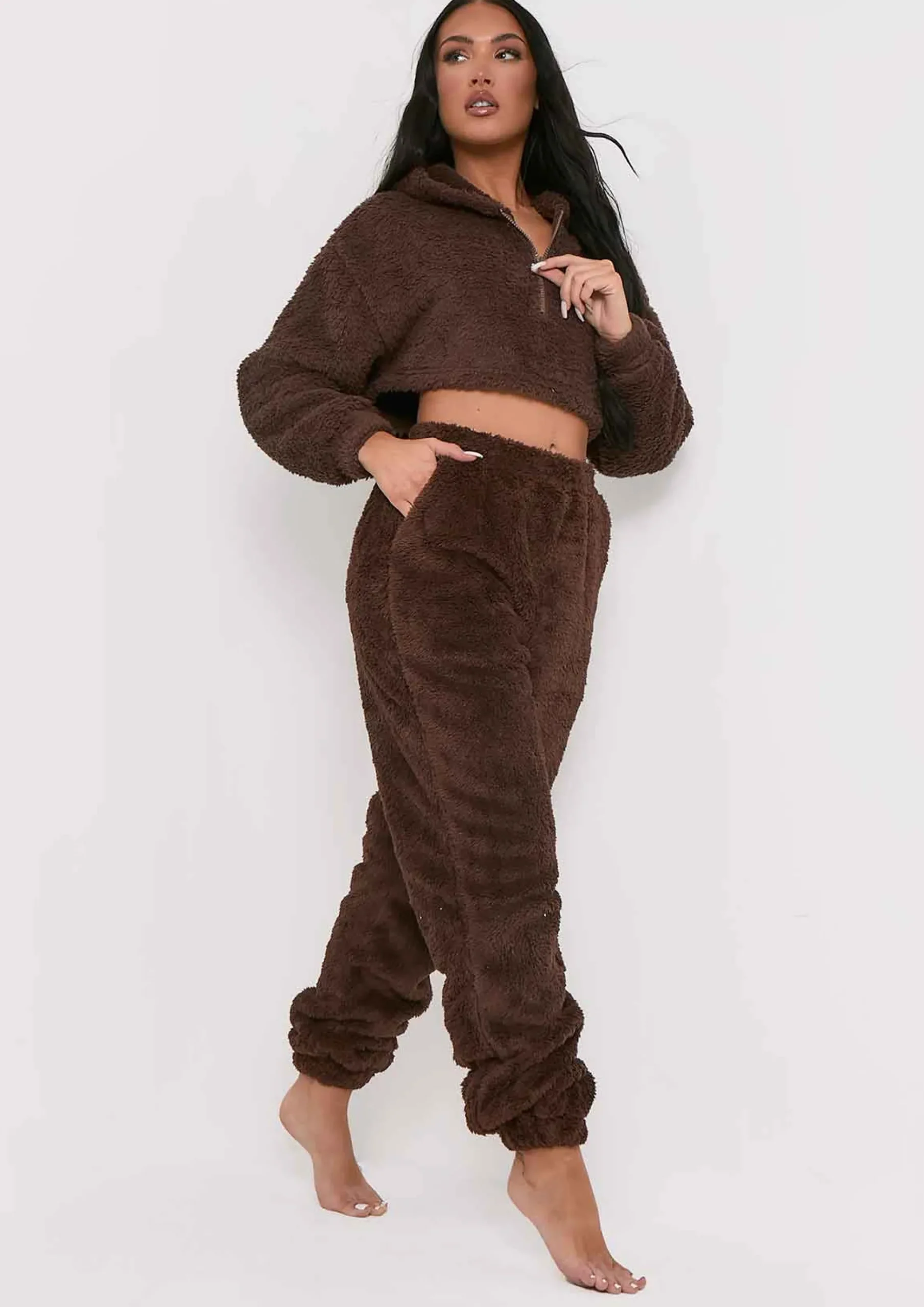 Online Yasmine Chocolate Fluffy Teddy Borg Casual Oversized Joggers Women Nightwear