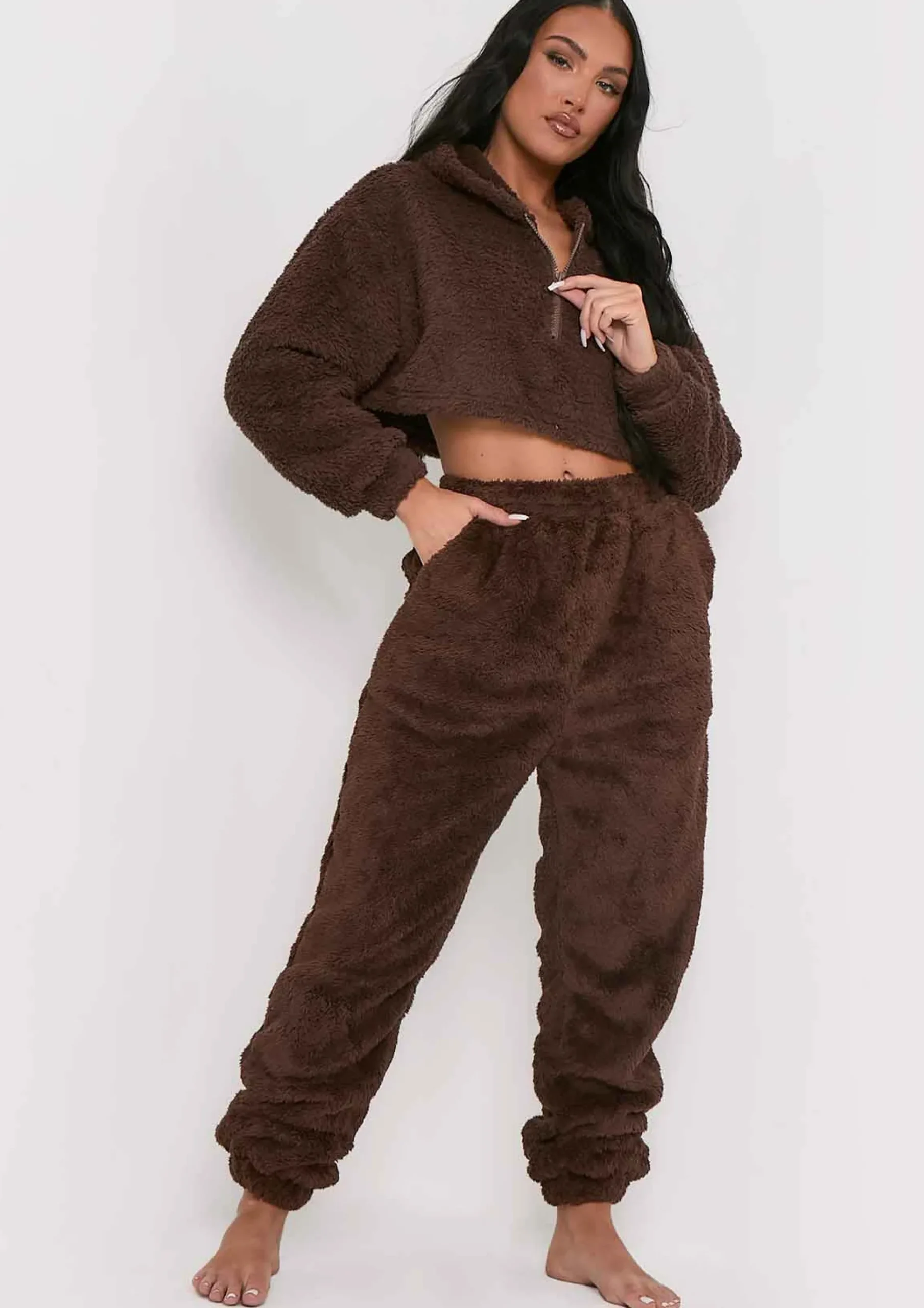 Online Yasmine Chocolate Fluffy Teddy Borg Casual Oversized Joggers Women Nightwear