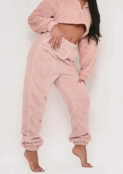 Discount Yasmine Pink Fluffy Teddy Borg Casual Oversized Joggers Women Nightwear