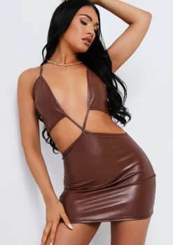 Store Yasmine Chocolate Pu Cut Out Cross Mini Dress Women Dresses