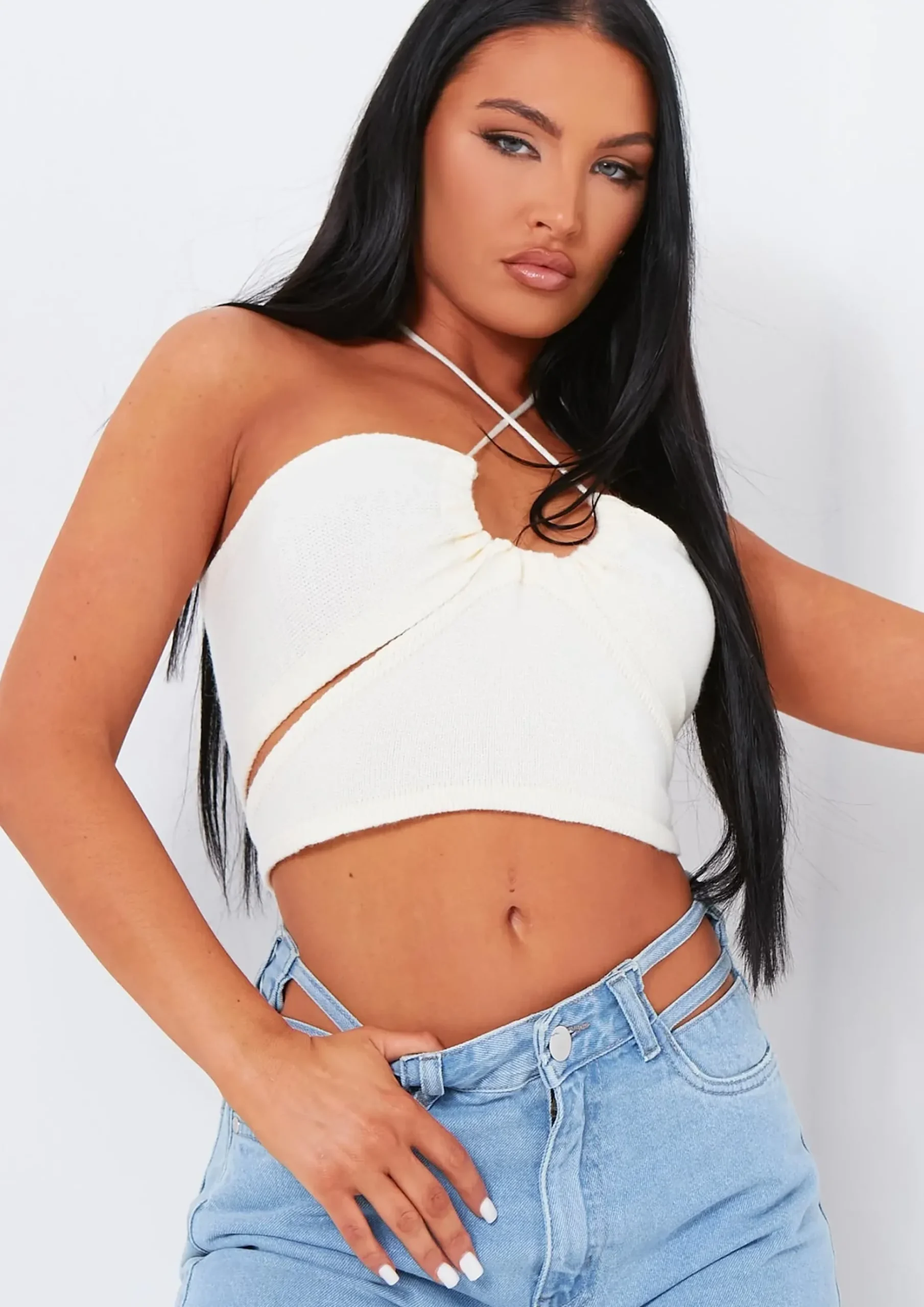 Yolanda Cream Knit Cross Over Crop Top^Missy Empire Store