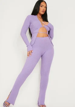 Hot Yuna Purple Ribbed Knitted Side Split Trouser Women Trousers