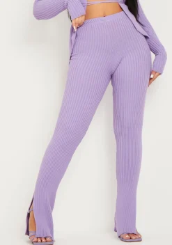 Hot Yuna Purple Ribbed Knitted Side Split Trouser Women Trousers
