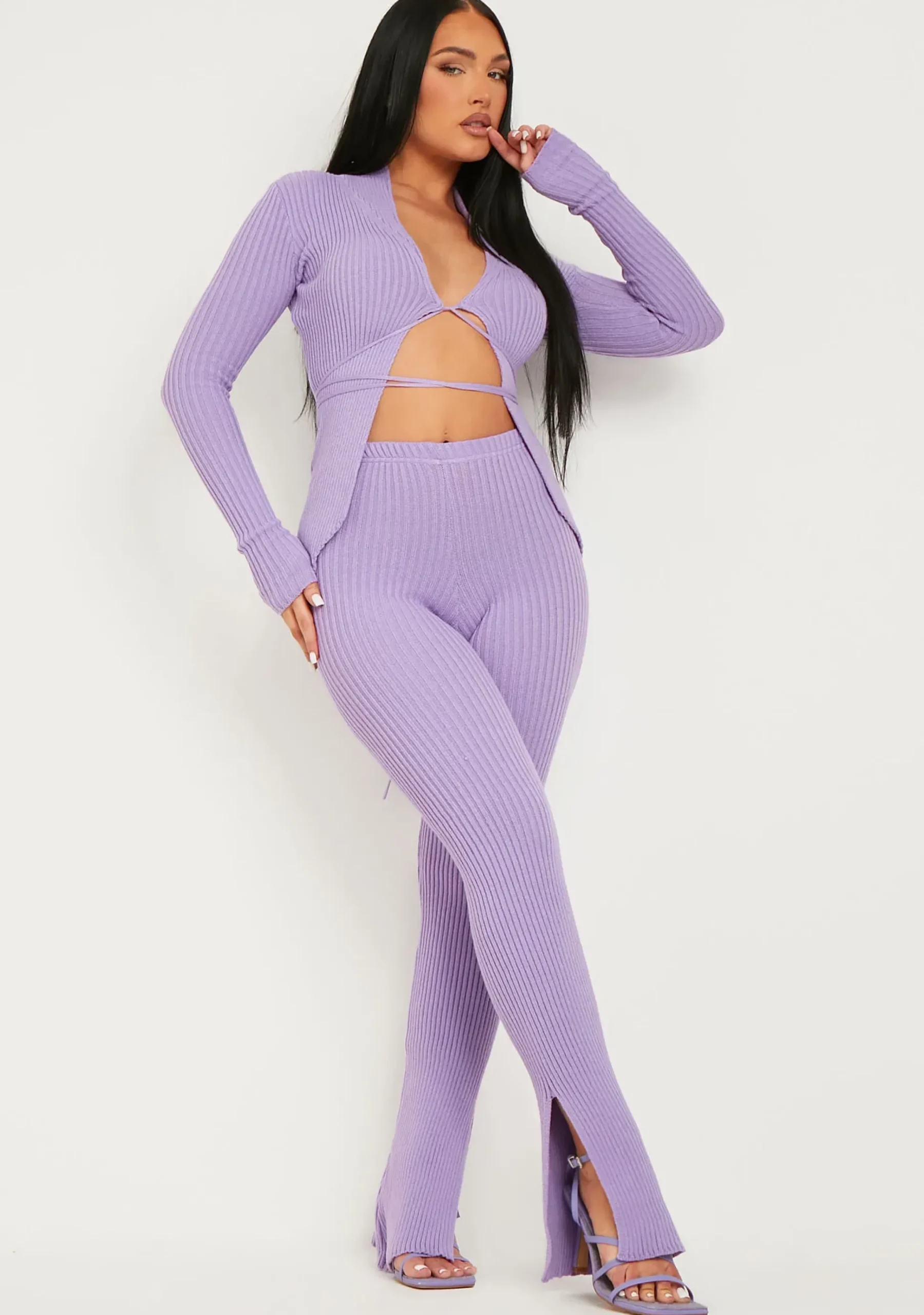 Hot Yuna Purple Ribbed Knitted Side Split Trouser Women Trousers