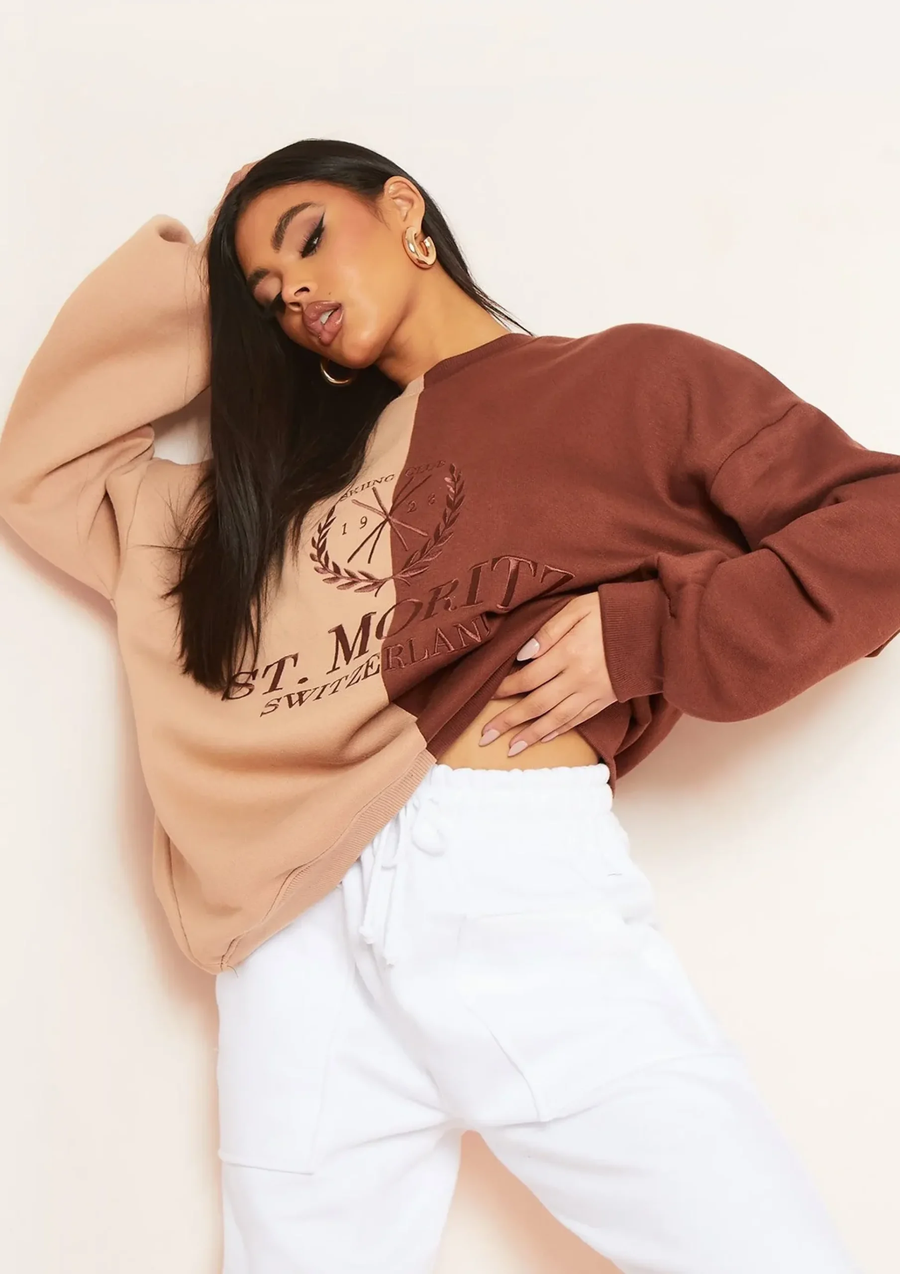 Zee Brown Spliced St Moritz Slogan Oversized Sweatshirt^Missy Empire Sale