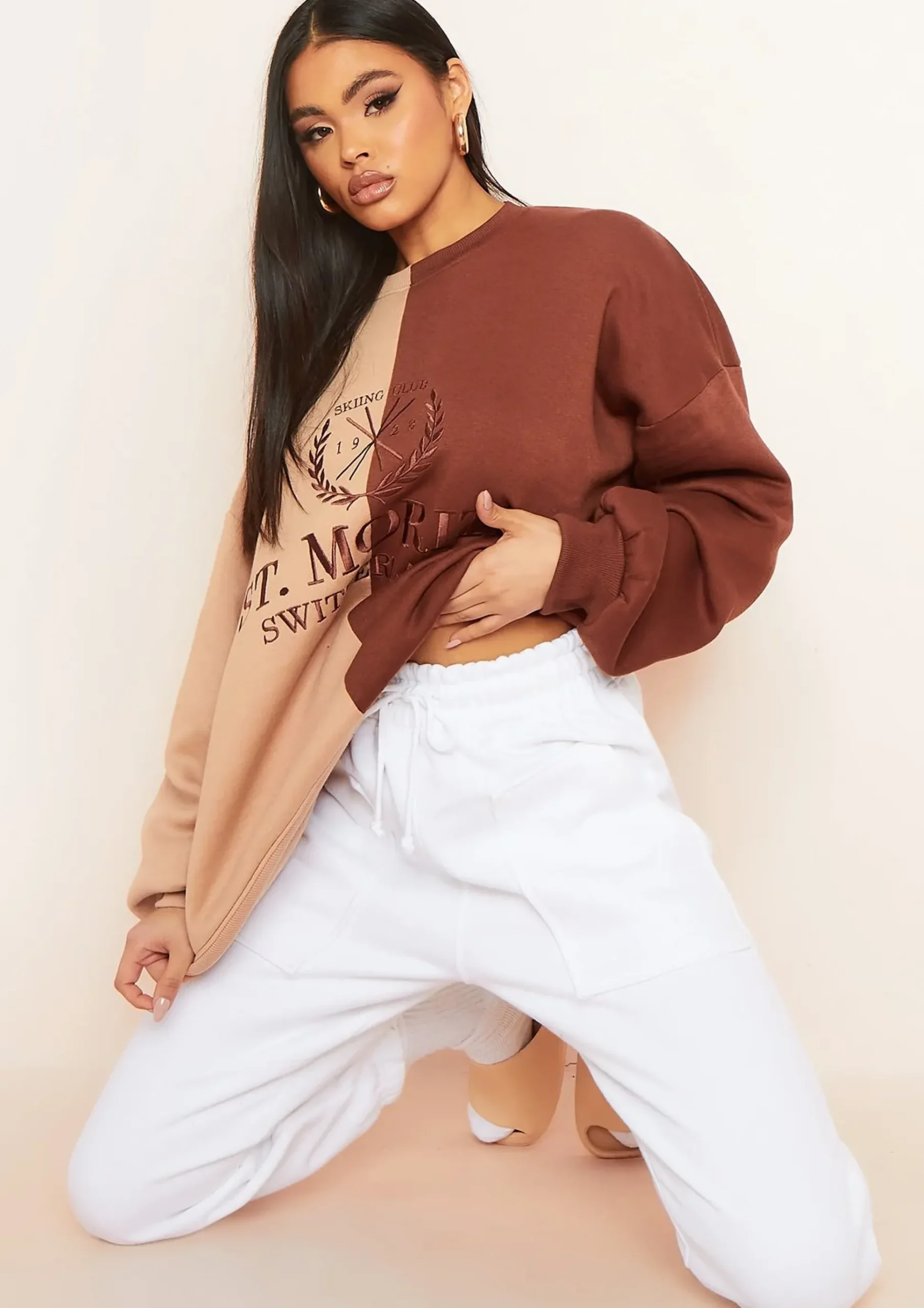 Zee Brown Spliced St Moritz Slogan Oversized Sweatshirt^Missy Empire Sale