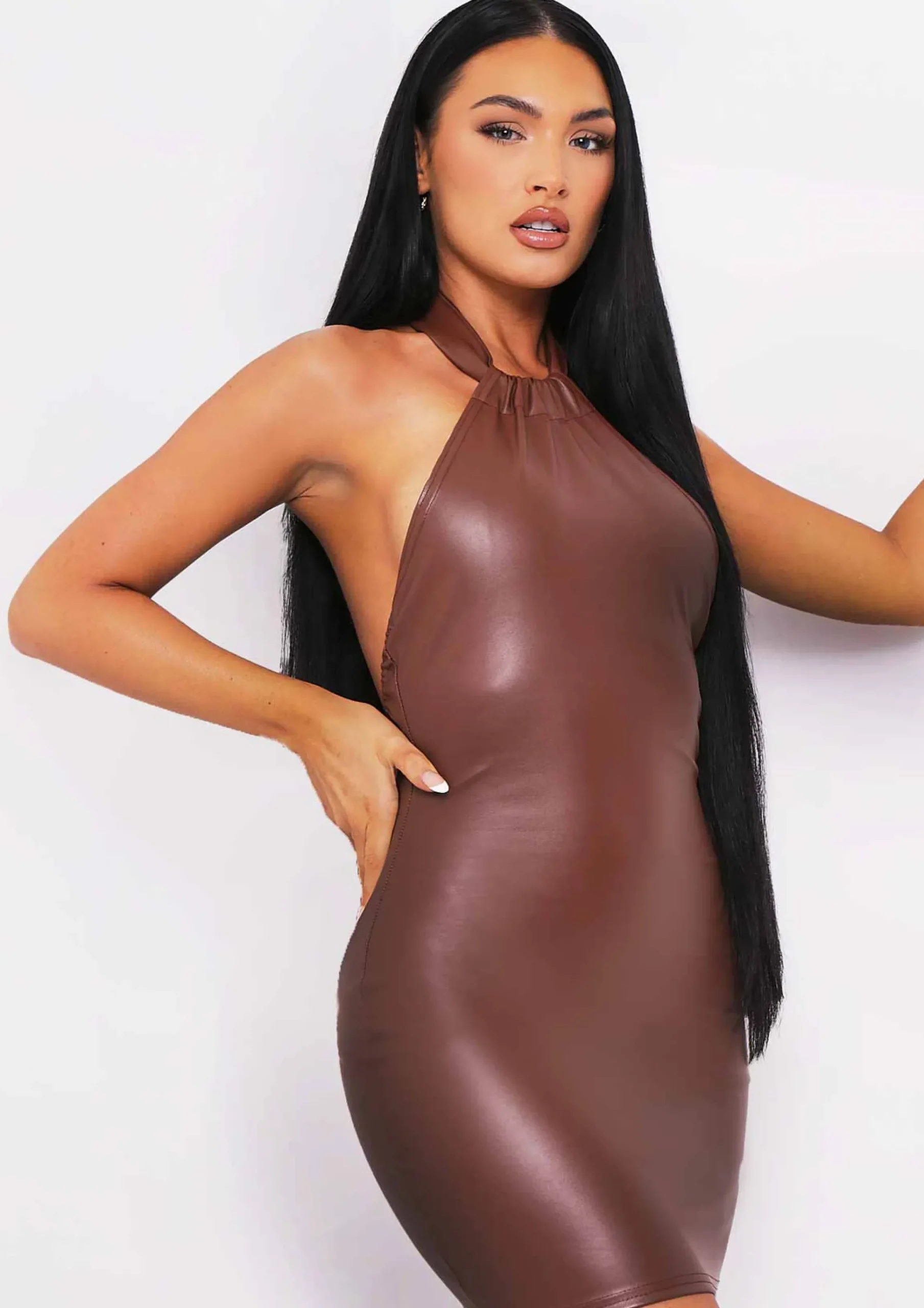 Flash Sale Zia Chocolate Pu Halterneck Dress Women Dresses