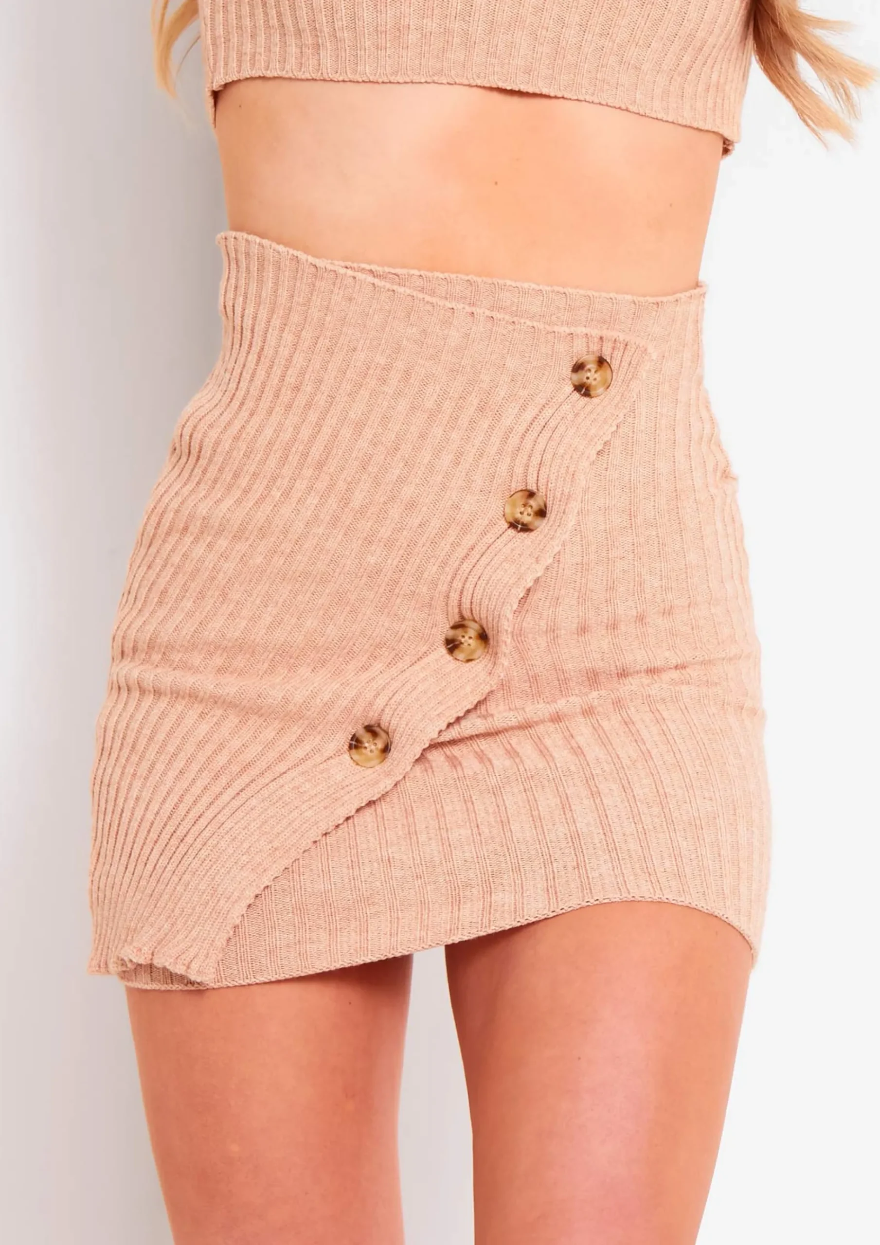 Zia Beige Rib Knit Button Up Mini Skirt^Missy Empire Best Sale