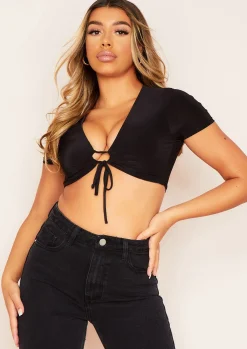 Zoe Black Front Hoop Tie Slinky Crop Top^Missy Empire Hot