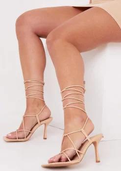 Online Zoey Beige Lace Up Square Toe Strappy Heels Women Sandals
