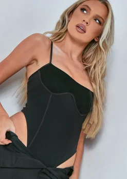 Zuri Black Suede Panel Contour Rib Bodysuit^Missy Empire Clearance